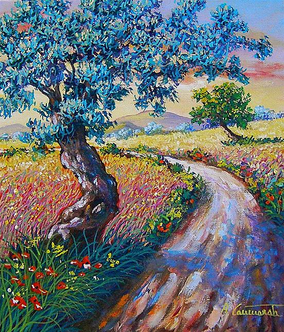 campagna dipinto, paesaggio di campagna, alberi dipinti, paesaggio siciliano