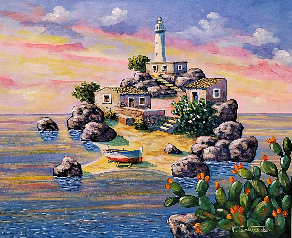 Quadro originale di Antonino Cammarata con barca sulla spiaggia, casa mediterranea e faro sul mare siciliano