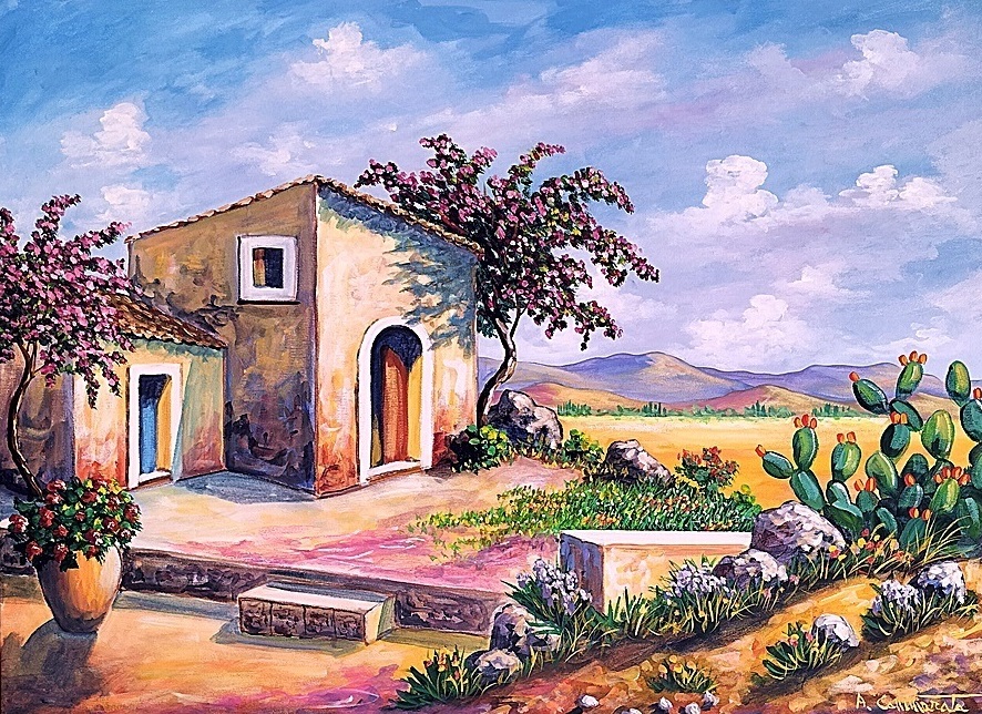 Quadro paesaggio di Antonino Cammarata con ginestra, casa mediterranea e papaveri