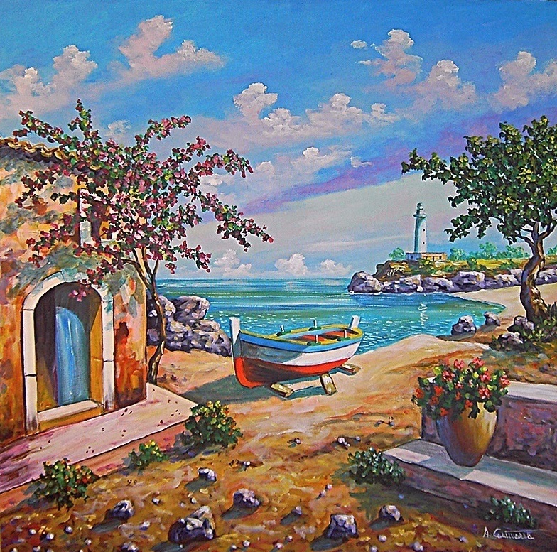 Quadro con ulivo secolare, casa mediterranea e fiori